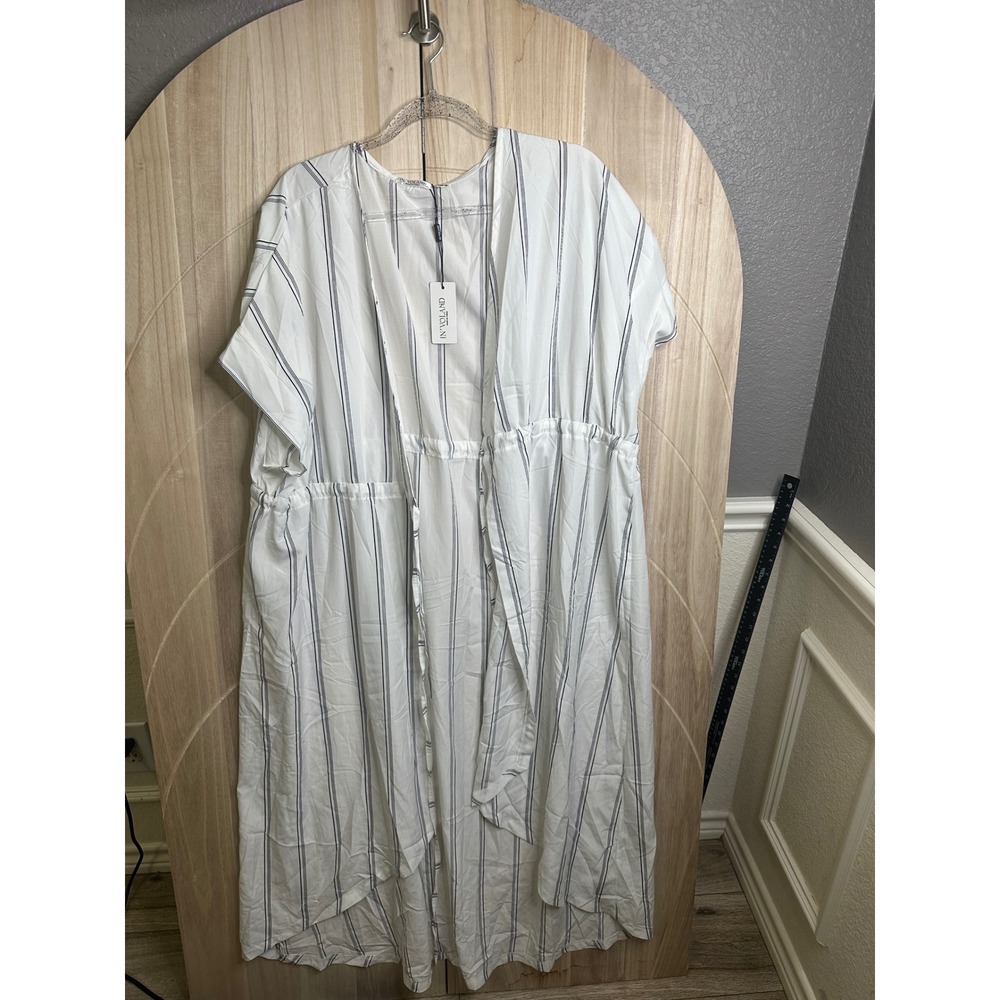 In'voland 18W White & Black Striped‎ Drawstring Midi Duster Cardigan Dress